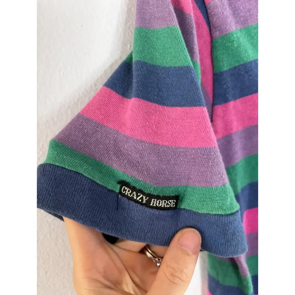 Vintage 1990s Crazy Horse Striped T-Shirt Kids L Fits Adult S Blue Pink Green